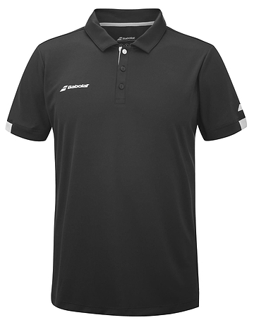 Description: The Babolat Play Men's Badminton Polo Shirt in black is made from recycled polyester and features a classic collar with three buttons. Adorned with white logos on the chest and left sleeve, this polo offers a simple yet elegant design. Enhanced by Babolat Play technology, it ensures added comfort for a timeless look.