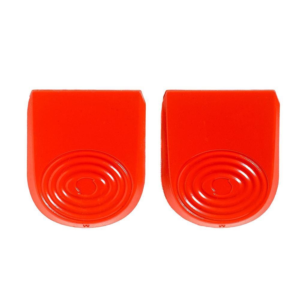 The Sorbothane Sports Heel Pads, featuring a bright red color and semi-circular shape with concentric circle patterns, are expertly crafted from Sorbothane compound for superior shock absorption. Positioned side by side against a white background, these pads offer both comfort and performance.