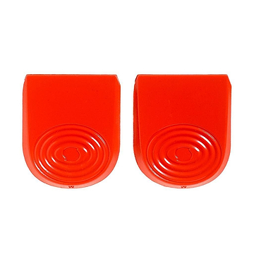 The Sorbothane Sports Heel Pads, featuring a bright red color and semi-circular shape with concentric circle patterns, are expertly crafted from Sorbothane compound for superior shock absorption. Positioned side by side against a white background, these pads offer both comfort and performance.