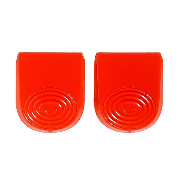 The Sorbothane Sports Heel Pads, featuring a bright red color and semi-circular shape with concentric circle patterns, are expertly crafted from Sorbothane compound for superior shock absorption. Positioned side by side against a white background, these pads offer both comfort and performance.