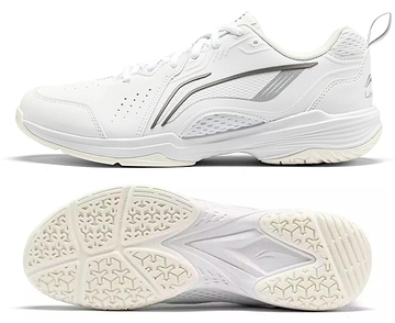 The Li-Ning Almighty V2.0 Unisex Badminton Shoes in white feature gray accents, a modern design, breathable perforations, and all-day comfort; shown from the side and bottom views highlighting the textured sole.