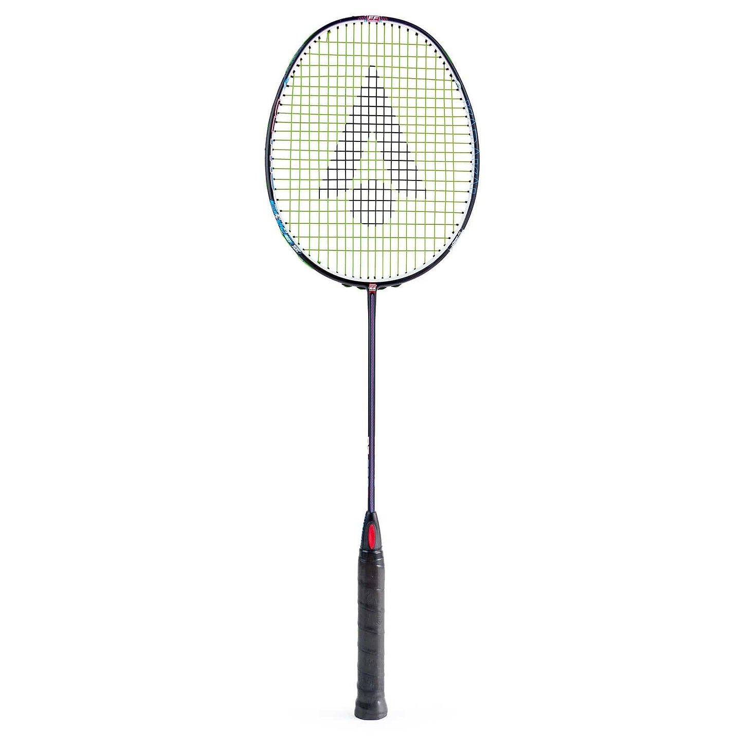 The Karakal Black Zone BZ Pro Badminton Racket in black and red, with an Isometric Head and Muscle Tec Technology, is elegantly displayed on a plain white background, showcasing the Karakal logo on its strings.