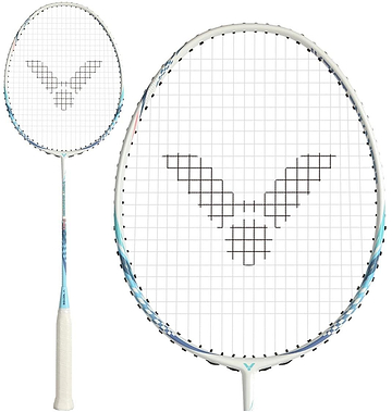 The Victor Wrist Enhancer 140 M Training Badminton Racket in white by Victor features a black V-shaped string pattern, white grip tape, and close-up detail of the head, making it ideal for wrist training.