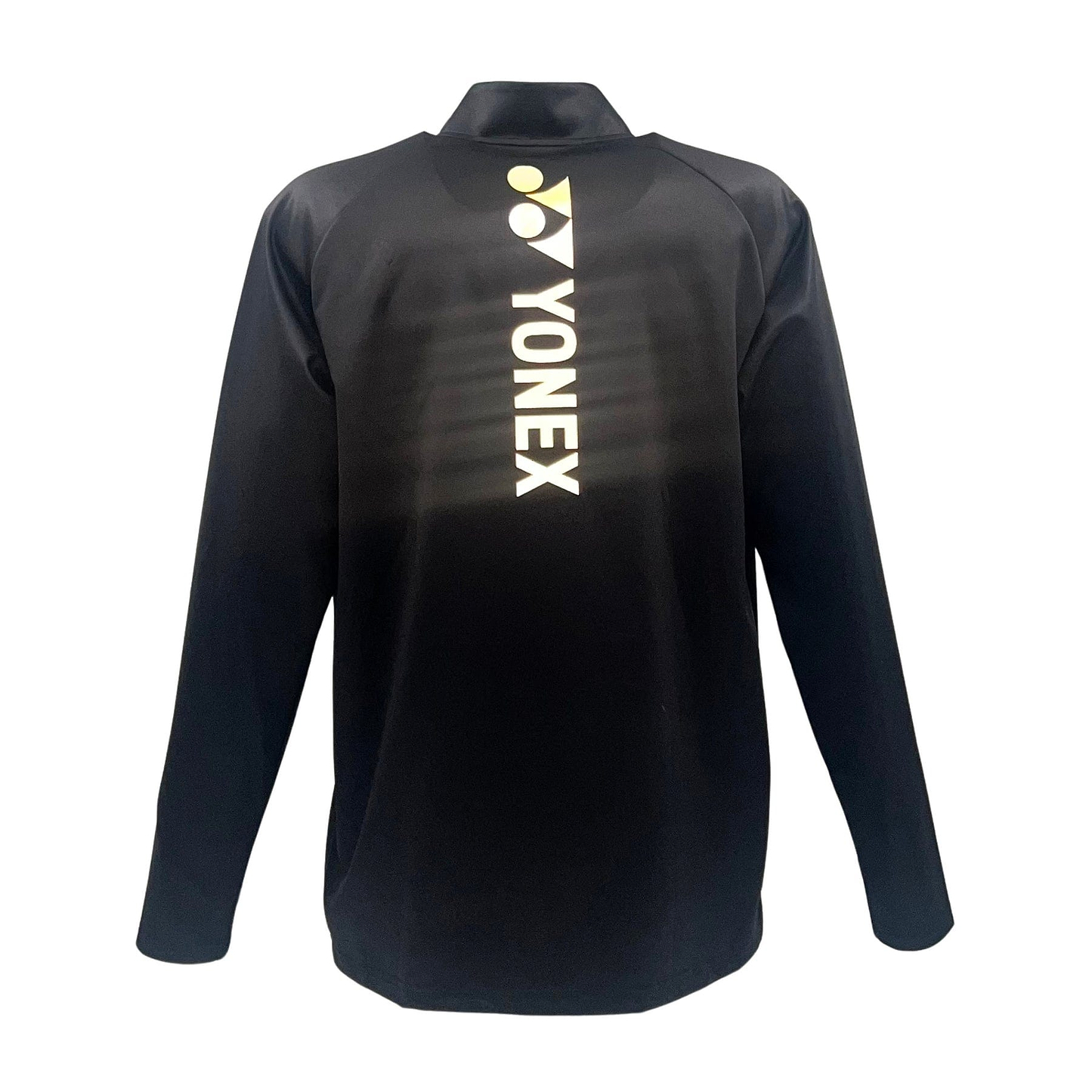 The Yonex YMDL2024 Unisex Badminton Midlayer in black is ideal for badminton players, featuring a white logo on the upper back, lightweight insulation, and a streamlined design with a stand-up collar for activewear fans.