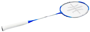 The Sure Shot Athens 21" Junior Badminton Racket in blue and white is designed for young players, featuring a sleek look with a white grip, silver shaft, and blue head accents.