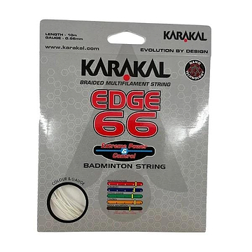 The packaging of the Karakal Edge 66 Badminton String - White prominently features details such as "Length: 10m" and "Gauge: 0.66mm," emphasizing its promise of "Extreme Power & Control," thanks to Nano Technology. Additionally, a transparent section allows you to view the vibrant string color within.