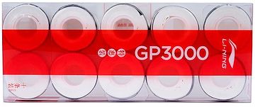 A clear plastic box containing ten black Li-Ning GP3000 Badminton Overgrips, featuring the brand logo and Chinese text on a red banner—ideal for players seeking improved control with quality Li-Ning overgrips.