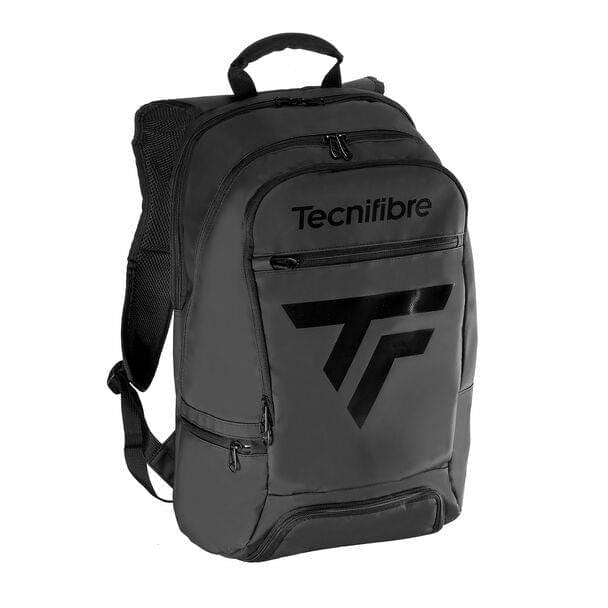 Introducing the Tecnifibre Tour Endurance Badminton Backpack in Ultra Black. This durable backpack, designed for racket sports enthusiasts, features padded straps and multiple zippered compartments. The front highlights a prominent logo with a smaller Tecnifibre brand name above, seamlessly combining style and function.
