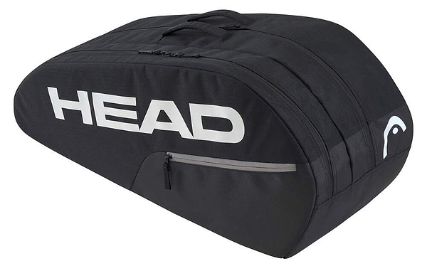 The HEAD BASE 6 Racket Badminton Bag M - BK is sleek and professional, featuring bold white branding. Ideal for intermediate players, it offers ample space with multiple compartments and a side horizontal zipper, perfect for storing tennis or badminton gear.