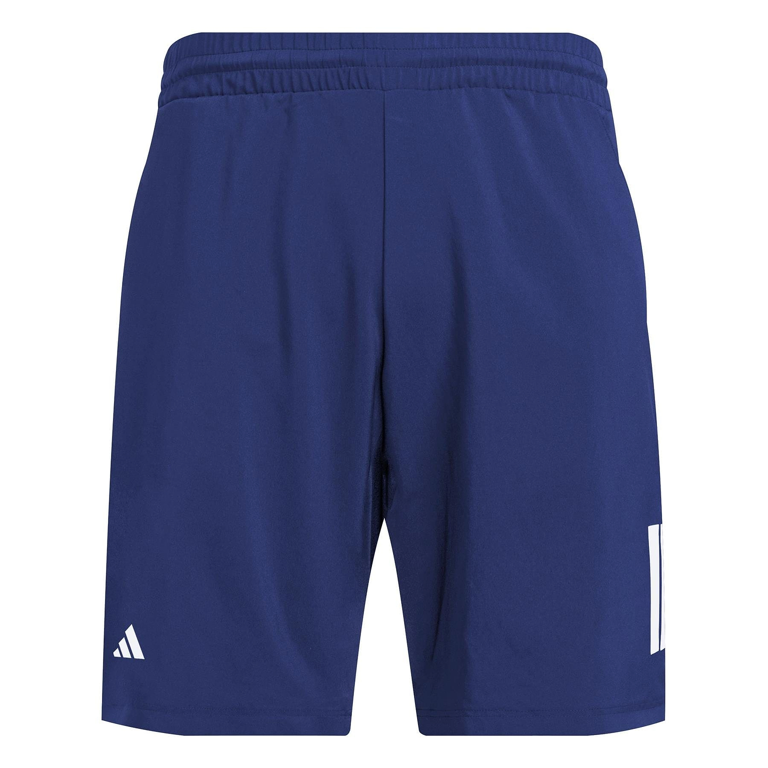 The ADIDAS Men's 3 Stripe Badminton Shorts in navy feature an elastic waistband and white logo designs on the bottom left. Made from lightweight, moisture-wicking material, these shorts promise comfort on the court and are perfect for any active lifestyle as part of the adidas Club collection.