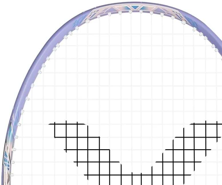 Close-up of the Victor Jetspeed S 12FTD T 4U Badminton Racket - Violet by Victor, highlighting its light purple Aero-Sword frame and white strings featuring a bold black "V" pattern on the string bed.