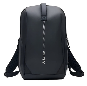The Kanso Intuko Badminton 23L Backpack combines style and function with its sleek black design, vertical "Atanso" print, padded shoulder straps, and minimalist aesthetic—perfect for everyday adventures against any backdrop.