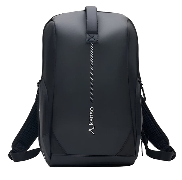 The Kanso Intuko Badminton 23L Backpack combines style and function with its sleek black design, vertical "Atanso" print, padded shoulder straps, and minimalist aesthetic—perfect for everyday adventures against any backdrop.