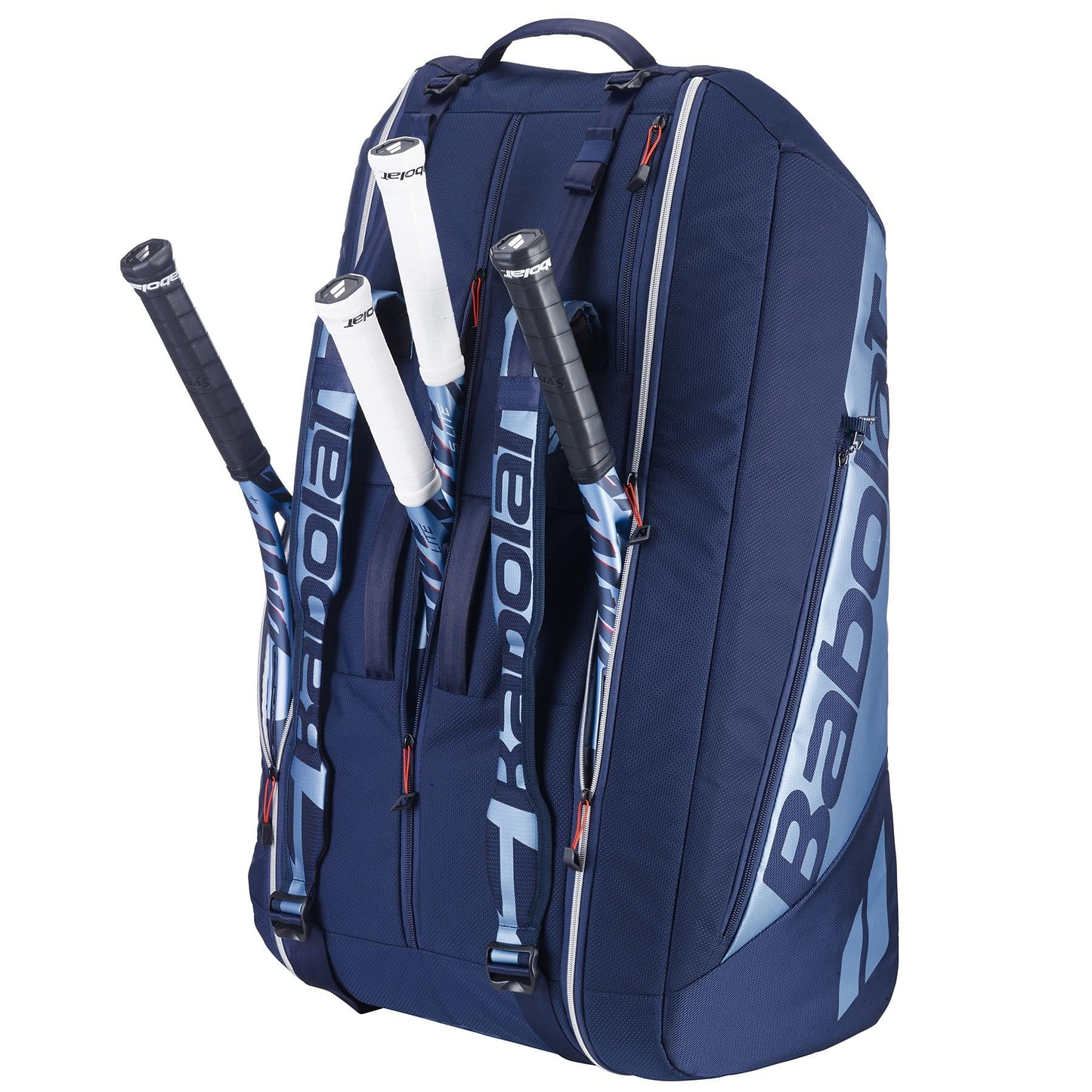 The Babolat RH12 Pure Drive Gen11 12 Racket Badminton Bag in Navy Blue features "Babolat" branding, multiple compartments for a large capacity, and three tennis rackets with white grips partially inserted. It includes a top handle and adjustable straps for easy carrying.