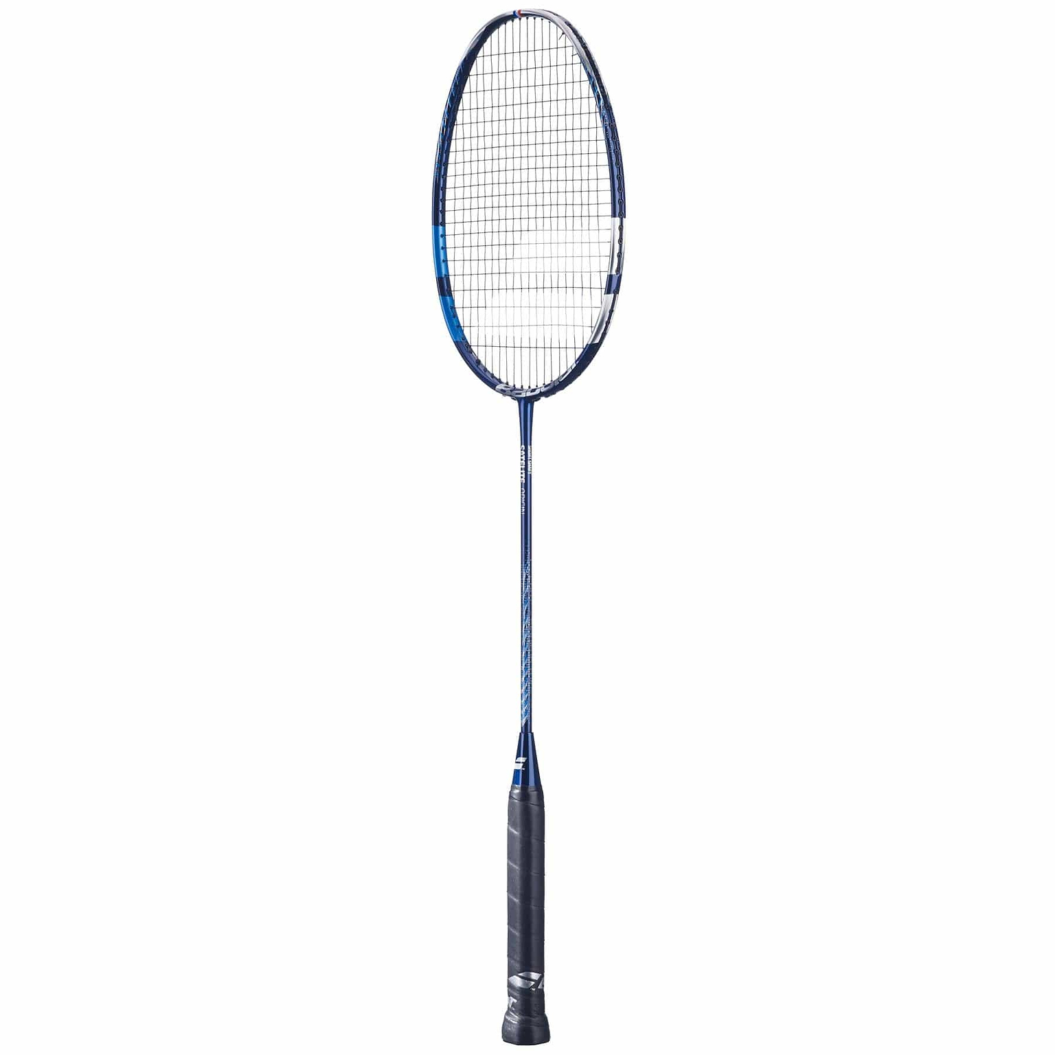 The Babolat Satelite Origin Badminton Racket - Blue, crafted by Babolat, sports a striking blue frame complemented by a sleek black grip. With strings taut across its oval head and a slender shaft, this racket is designed for effortless handling and precision. Its elegant design contrasts beautifully against the white background.