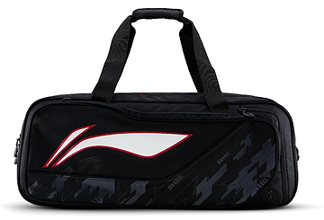 The Li-Ning Team 6 Racket Badminton Bag - Black features two handles, a large front pocket, and a red/white abstract design with dark grey patterns—perfect for carrying up to six rackets and your badminton gear.