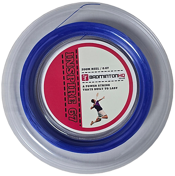 Introducing the BadmintonHQ Inspire 67 Zoom Badminton String: a dark blue, 0.67mm nylon multifilament string on a 200m reel, featuring a red and white label with a badminton player. Labeled as "INSPIRE 67," it promises "A POWER STRING THAT'S BUILT TO LAST.