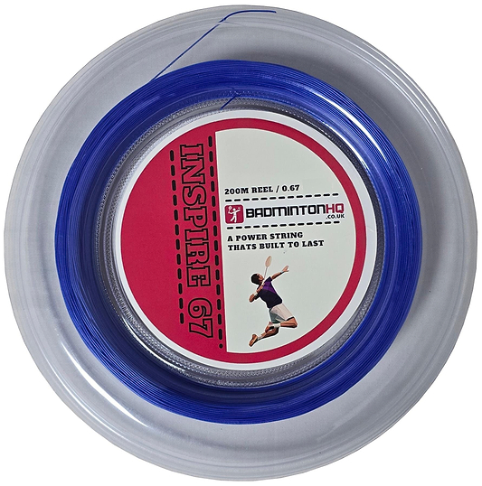 Introducing the BadmintonHQ Inspire 67 Zoom Badminton String: a dark blue, 0.67mm nylon multifilament string on a 200m reel, featuring a red and white label with a badminton player. Labeled as "INSPIRE 67," it promises "A POWER STRING THAT'S BUILT TO LAST.