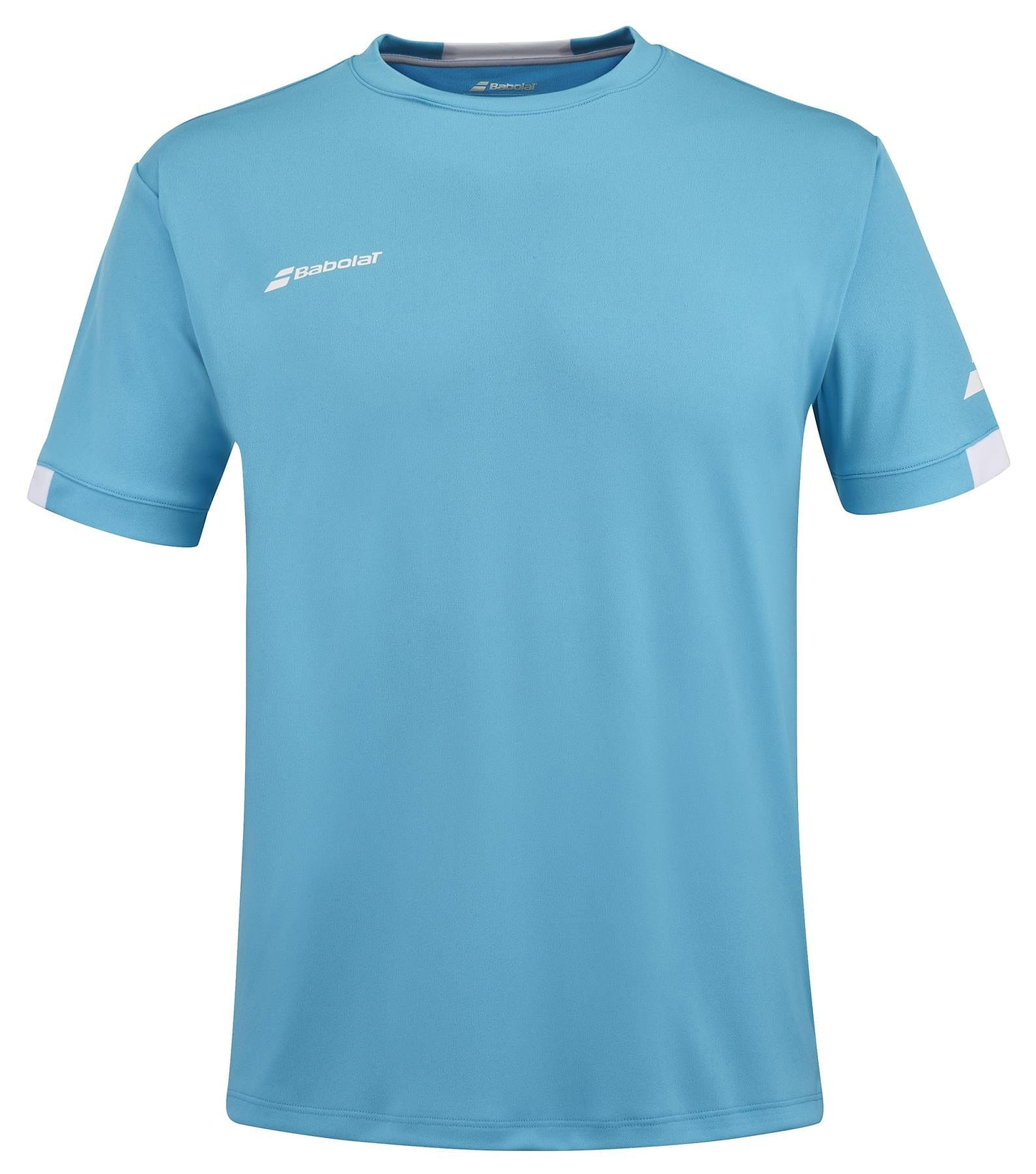 Cyan blue Babolat Play Men's Crew Neck Badminton T-Shirt showcasing white logos on the chest and sleeves. Designed with Fiber Dry technology, this shirt provides a straightforward, athletic look with short sleeves and a round neck, ideal for any game.