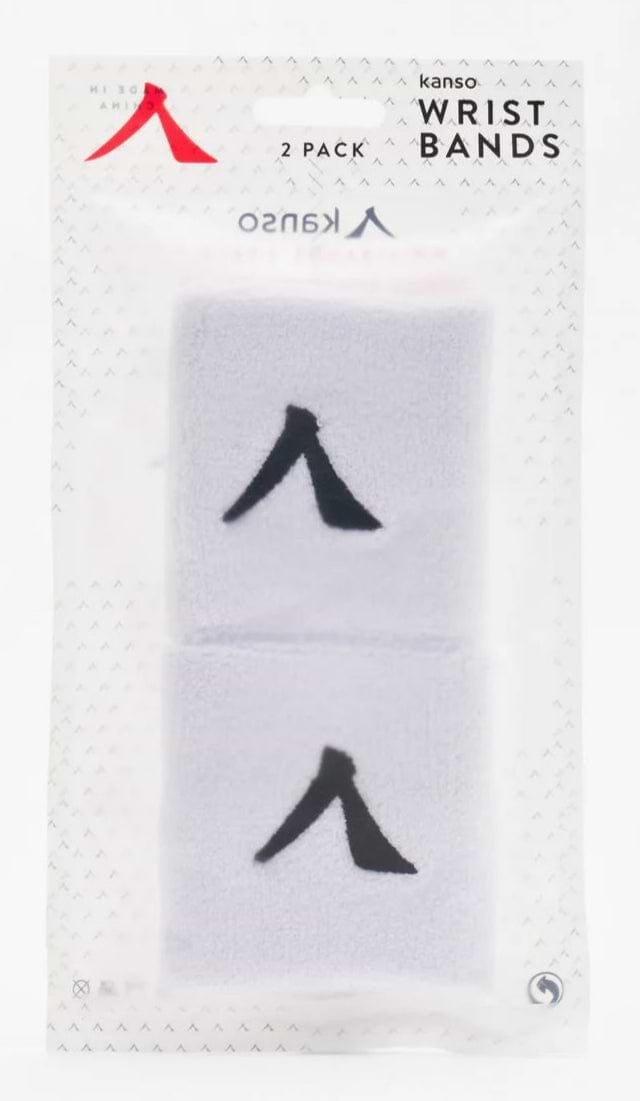 A clear package labeled "Kanso 7cm Wristband - 2 Pack" contains two white wristbands made from absorbent fabric, each adorned with black kanji symbols.