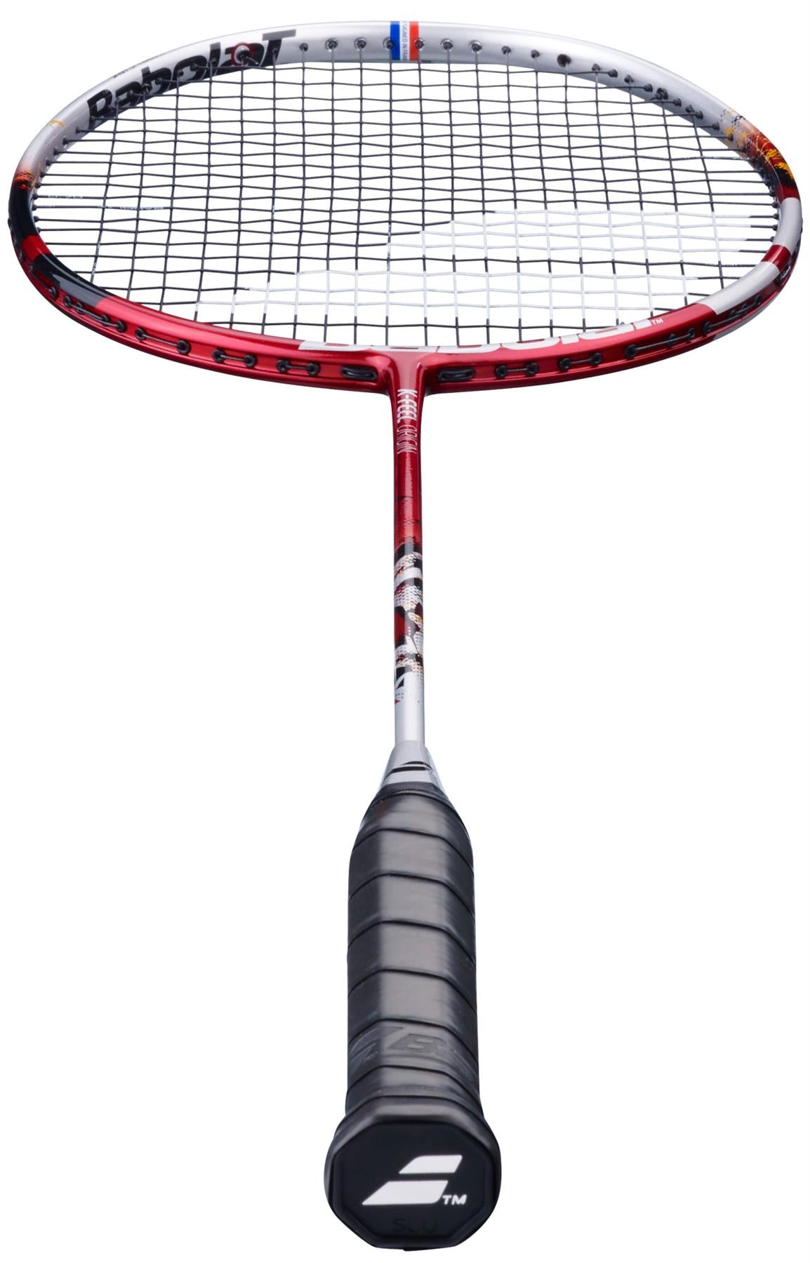 A silver and red Babolat X-Feel Origin 2026 3U badminton racket with a black grip is shown facing forward on a white background; perfect for intermediate to advanced players seeking precision and power.