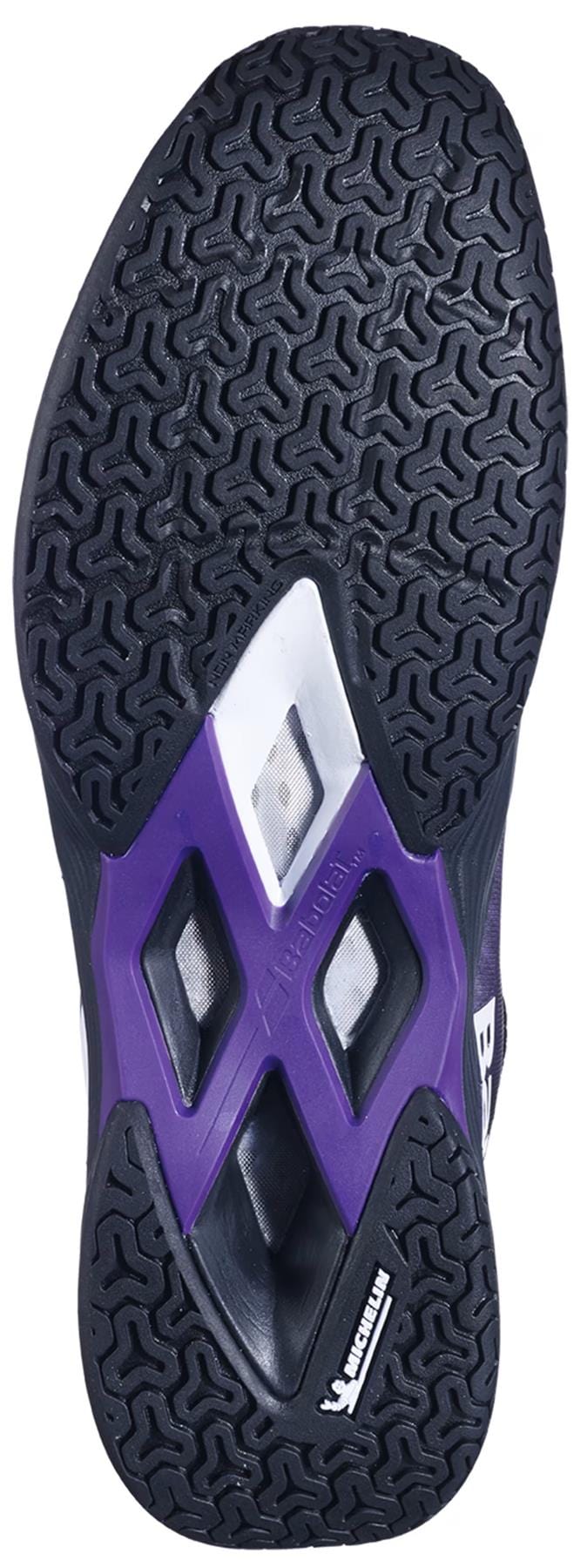 Close-up of the Babolat Shadow Tour 5 Womens Badminton Shoes sole in black and purple, featuring a textured pattern and Michelin logo near the heel—ideal for badminton players seeking grip and style.