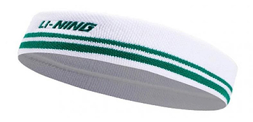 Introducing the Li-Ning Logo Headband in white/green, perfect for badminton fans. This headband features two green stripes and bold green "LI-NING" text on a white background, designed for optimal sweat absorption to keep you comfortable during intense matches.
