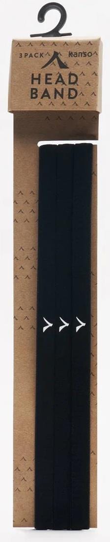 The Kanso Headband 3 Pack features sleek black headbands in minimalist packaging, designed to eliminate distractions. A simple box with geometric shapes and "Kanso" on top makes it perfect for keeping hair stylishly in place.