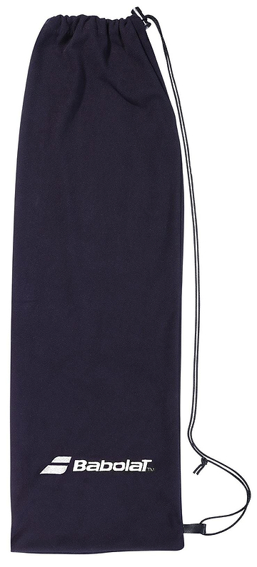 The Babolat Badminton Racket Sling Bag - Black is a lightweight drawstring bag made from durable polyester, featuring the Babolat logo in white at the bottom. Its long, thin cord ensures a secure close, ideal for covering badminton rackets.