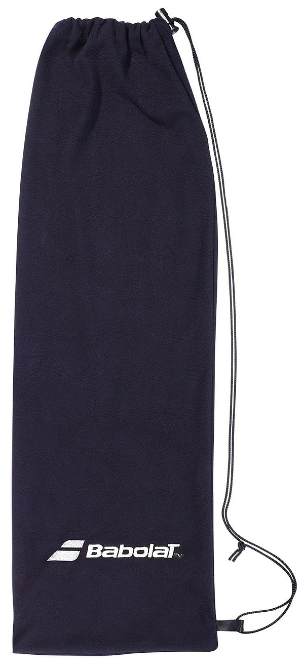 The Babolat Badminton Racket Sling Bag - Black is a lightweight drawstring bag made from durable polyester, featuring the Babolat logo in white at the bottom. Its long, thin cord ensures a secure close, ideal for covering badminton rackets.