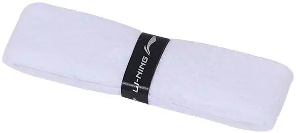 The Li-Ning GC100 Pro Badminton Towel Grip - White is neatly folded and secured with a black band featuring the Li-Ning logo, providing excellent sweat absorption for a comfortable and secure grip during intense play.