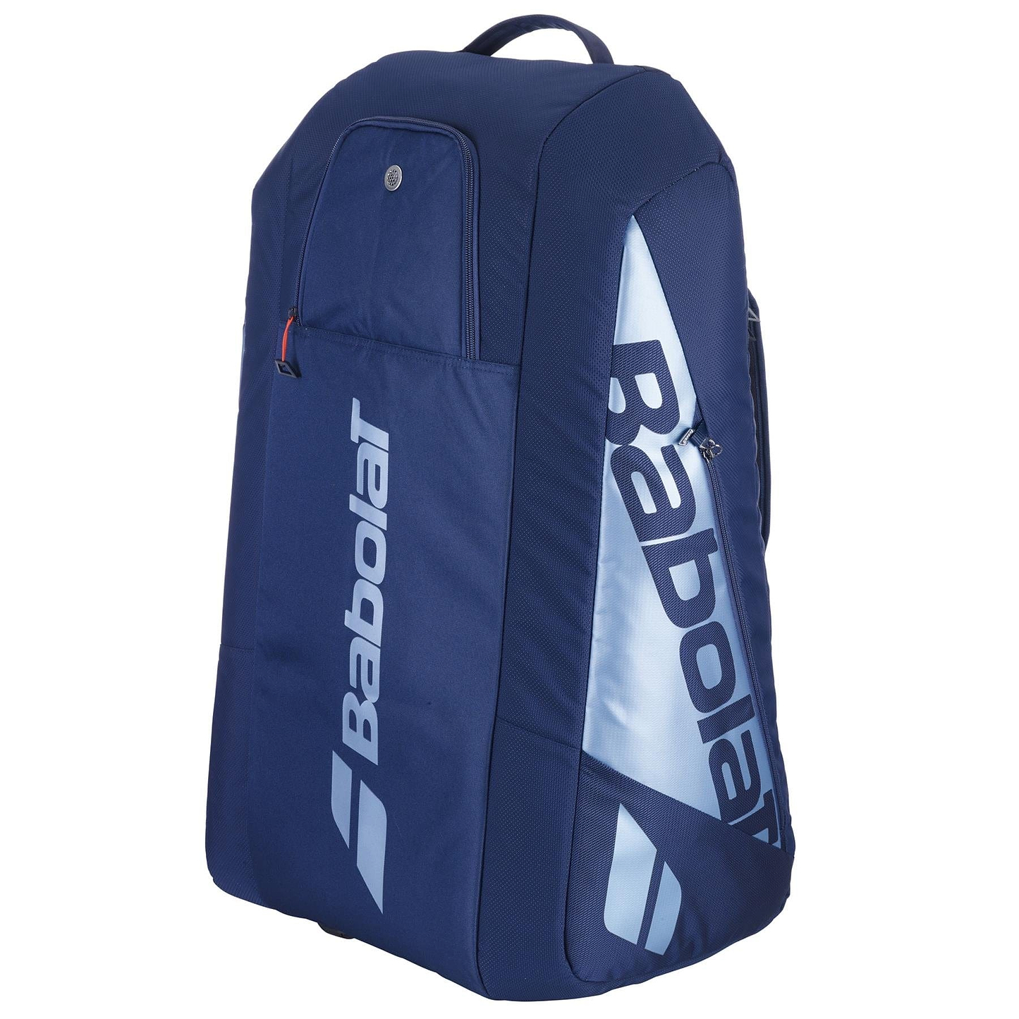 The Babolat RH12 Pure Drive Gen11 12 Racket Badminton Bag in navy blue features a sleek design with the white brand logo on the side. It includes a top handle and multiple compartments for ample storage of tennis or badminton gear, making it versatile for various sports needs.