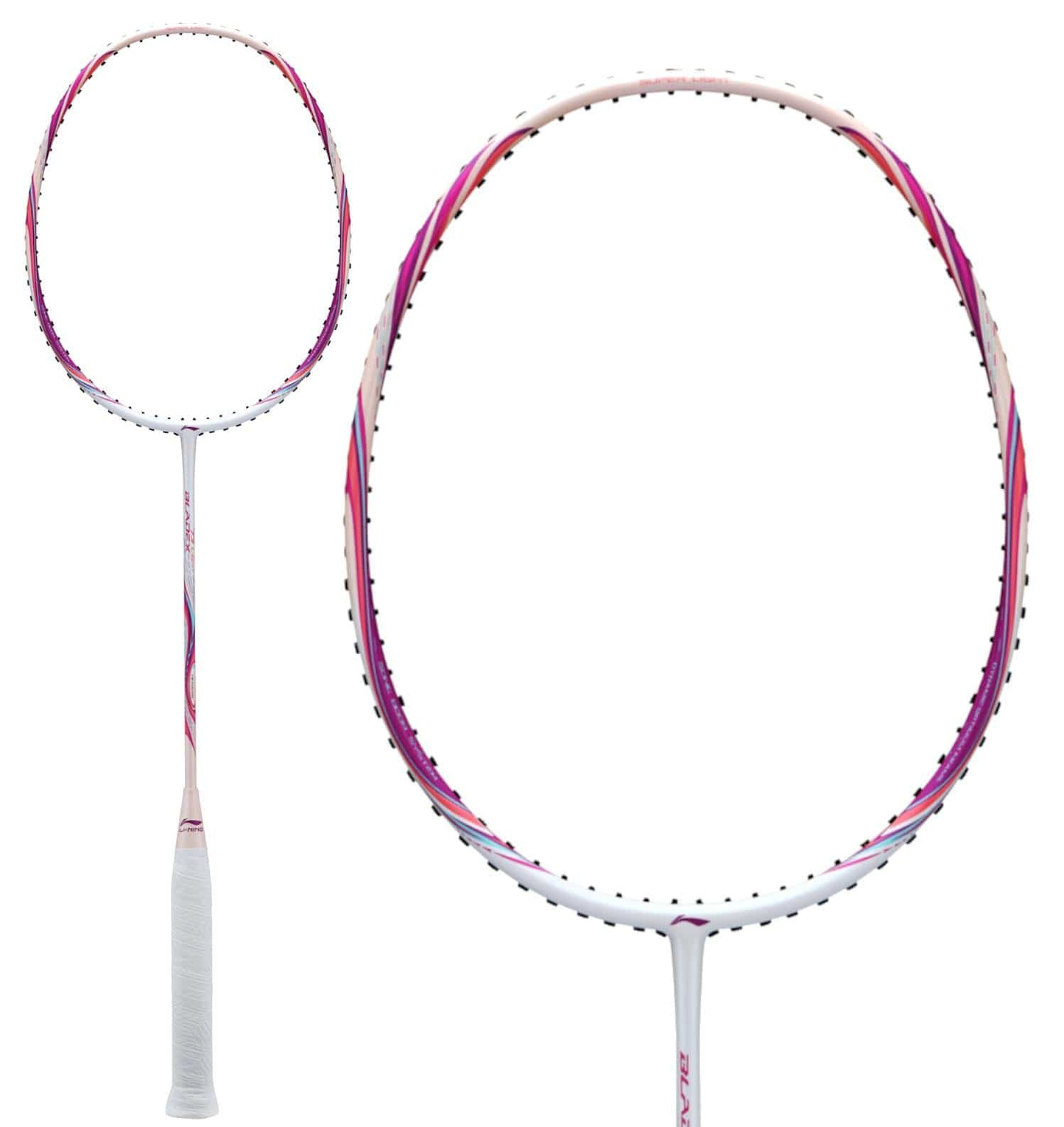 Introducing the Li-Ning BladeX 73-Light 6U Pink Badminton Racket: With a head-light balance for swift maneuverability, it sports a white handle, a purple and pink frame, and strings in a grid pattern on an oval-shaped head against a plain white background.
