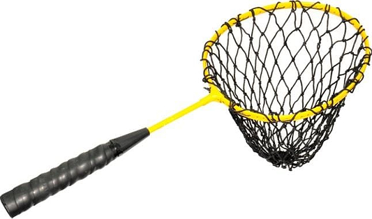 The Sure Shot Badminton Training Racket Net Catcher in yellow and black is shown against a white background—perfect for improving hand-eye coordination during training sessions.
