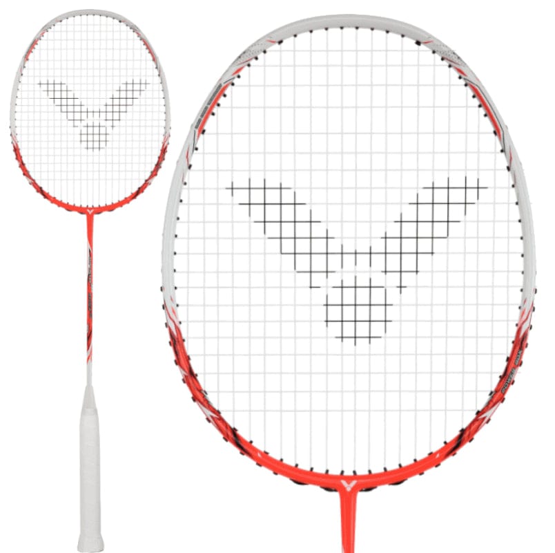 The Victor Thruster Ryuga TD Badminton Racket in Flame Red, with its unique black string pattern, is displayed as an excellent choice for advanced players. The close-up showcases the powerbox technology in its string design, while the handle is subtly visible in the background.