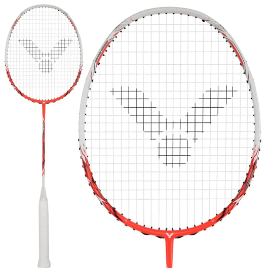 The Victor Thruster Ryuga TD Badminton Racket in Flame Red, with its unique black string pattern, is displayed as an excellent choice for advanced players. The close-up showcases the powerbox technology in its string design, while the handle is subtly visible in the background.