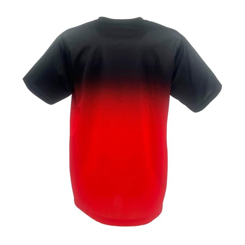 Discover the Yonex YTM5 Men's Badminton T-Shirt, designed with moisture-wicking polyester for superior comfort. This short-sleeve shirt boasts a striking black-to-red gradient, combining style and performance seamlessly.