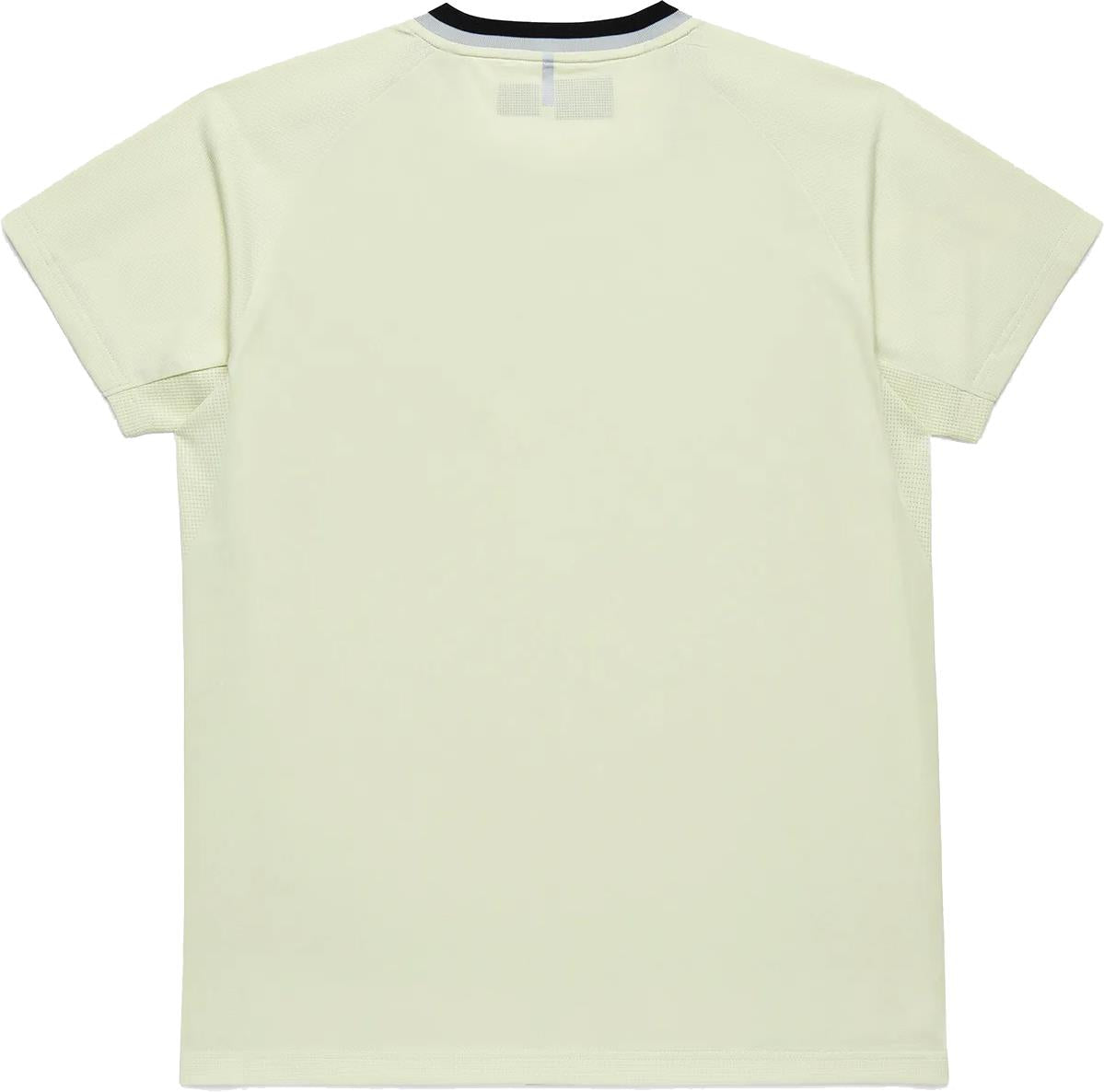 Back view of a Yonex 10712YX Crew Neck Men's Badminton T-Shirt in Champagne—a short-sleeve, quick-drying sports shirt with a dark collar detail, laid flat on a white background.