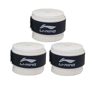 The Li-Ning Badminton Overgrip (3 Pack) in white features three cylindrical grips wrapped with black bands displaying the "Li-Ning" logo. Renowned for their super tacky, absorbent grip, they are neatly presented on a simple white background.