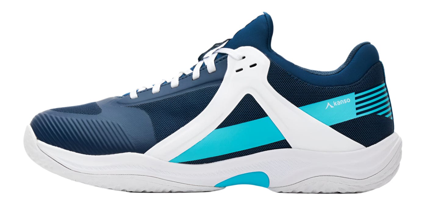 Introducing the Kanso Equilibrium EQx3 Unisex Badminton Shoes, crafted for stability and agility. These navy sneakers feature white accents, turquoise side stripes, and a responsive Speedlight foam sole in white with turquoise details and a logo near the heel.