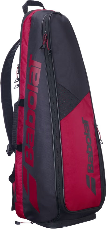 The Babolat Backrack 3 Badminton Bag in black and red features multiple zippered compartments, comfortable shoulder straps, and the Babolat logo printed in red on the front and side. This versatile bag is perfect for carrying your gear to tennis or badminton matches.