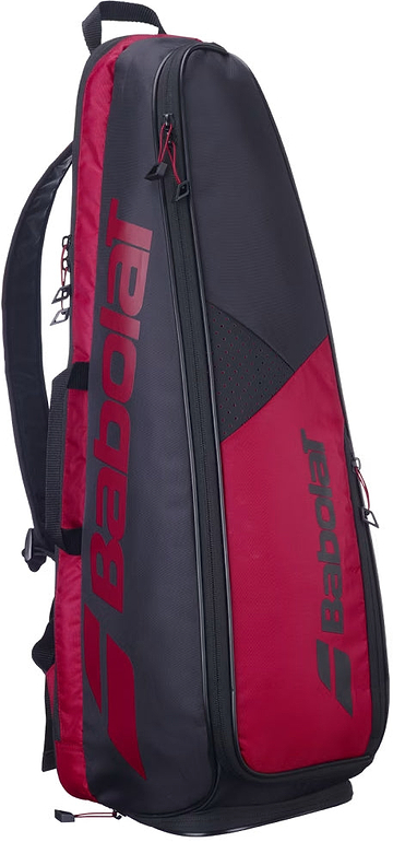 The Babolat Backrack 3 Badminton Bag in black and red features multiple zippered compartments, comfortable shoulder straps, and the Babolat logo printed in red on the front and side. This versatile bag is perfect for carrying your gear to tennis or badminton matches.