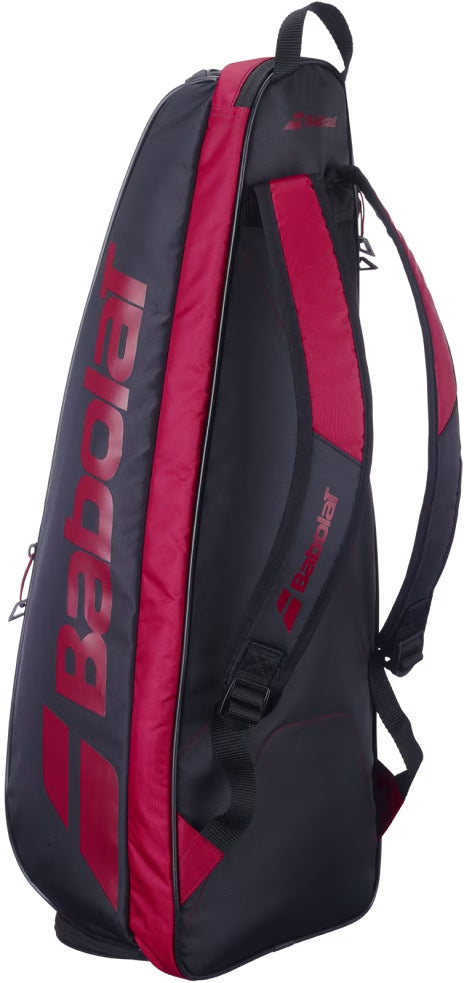 The Babolat Backrack 3 Badminton Bag in black and red features a large logo on the side, two shoulder straps, and a top handle, making it a versatile backpack designed for carrying rackets and gear.