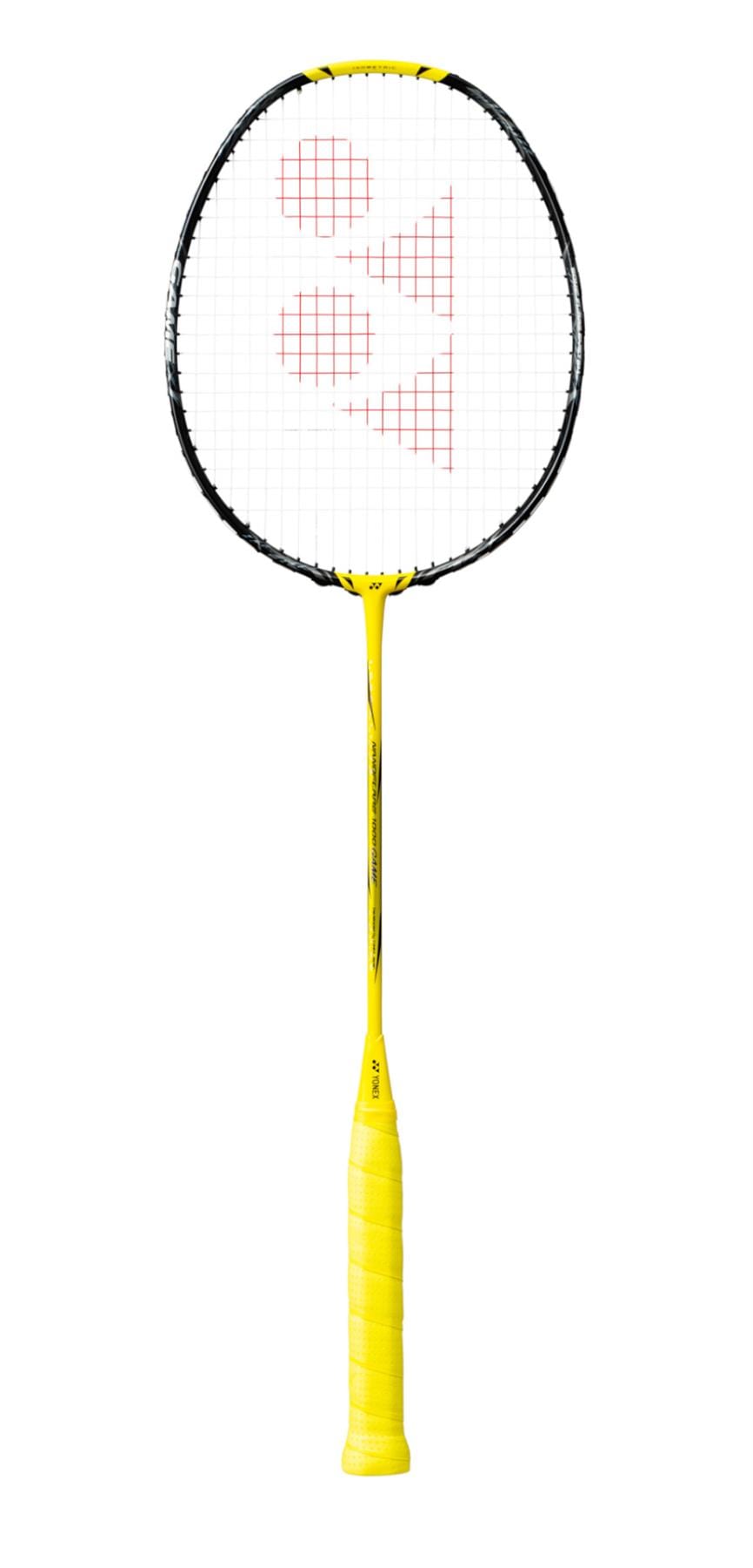 The Yonex Nanoflare 1000 Game 4U Badminton Racket in Lightning Yellow, adorned with white strings and a red logo on the head, promises enhanced performance. Its handle features a matching yellow grip tape. The racket is displayed against a pristine white background.