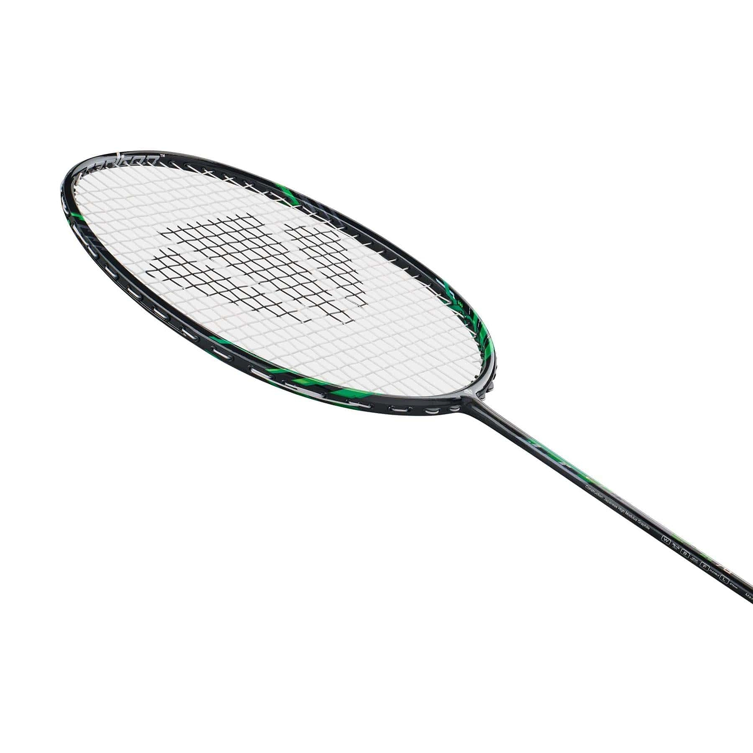 The Carlton GP-X 78 5U Badminton Racket by Carlton features a black and green frame with a white triangular string pattern and a head heavy balance, crafted from Japanese High Modulus Graphite, shown on a white background.