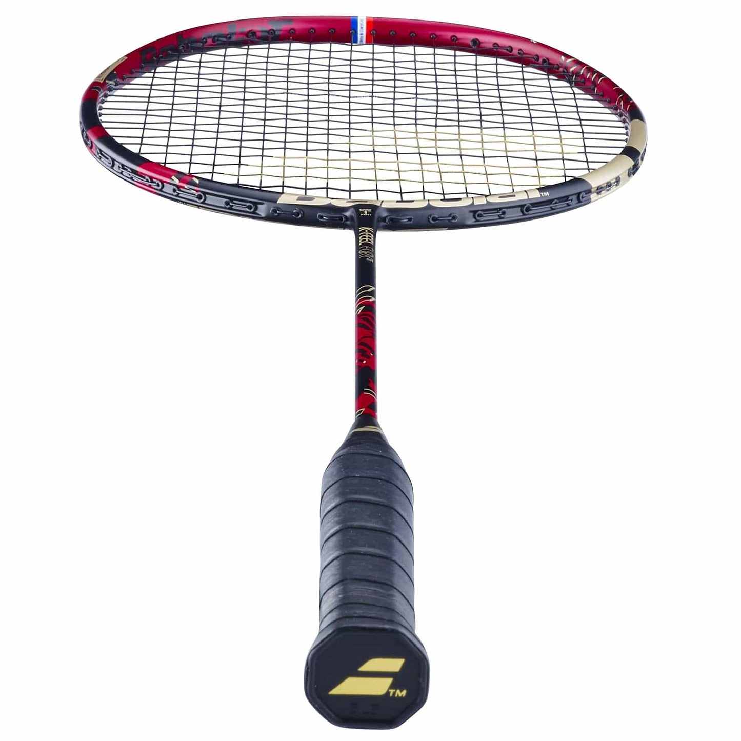 Close-up of the Babolat X-Feel Fury Badminton Racket in striking red and black, showcasing a white string pattern engineered for optimal power transmission. The black grip bears the brand's logo at the end, with the shot taken from the handle towards the racket's head.