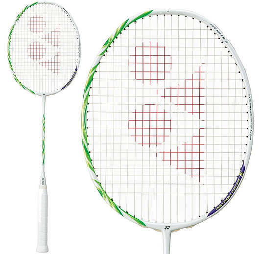 The Yonex Astrox 100 ZZ VA Viktor Axelsen Badminton Racket in Greyish Beige features the red Yonex logo on the string bed, with full and close-up views of the racket head as used by Viktor Axelsen.