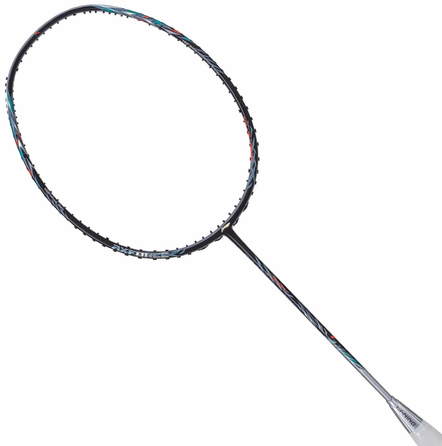 The Li-Ning Axforce 70 5U Badminton Racket in Black/Silver features a sleek dark frame with silver accents and advanced Wing Stabiliser technology, standing out against a crisp white background.