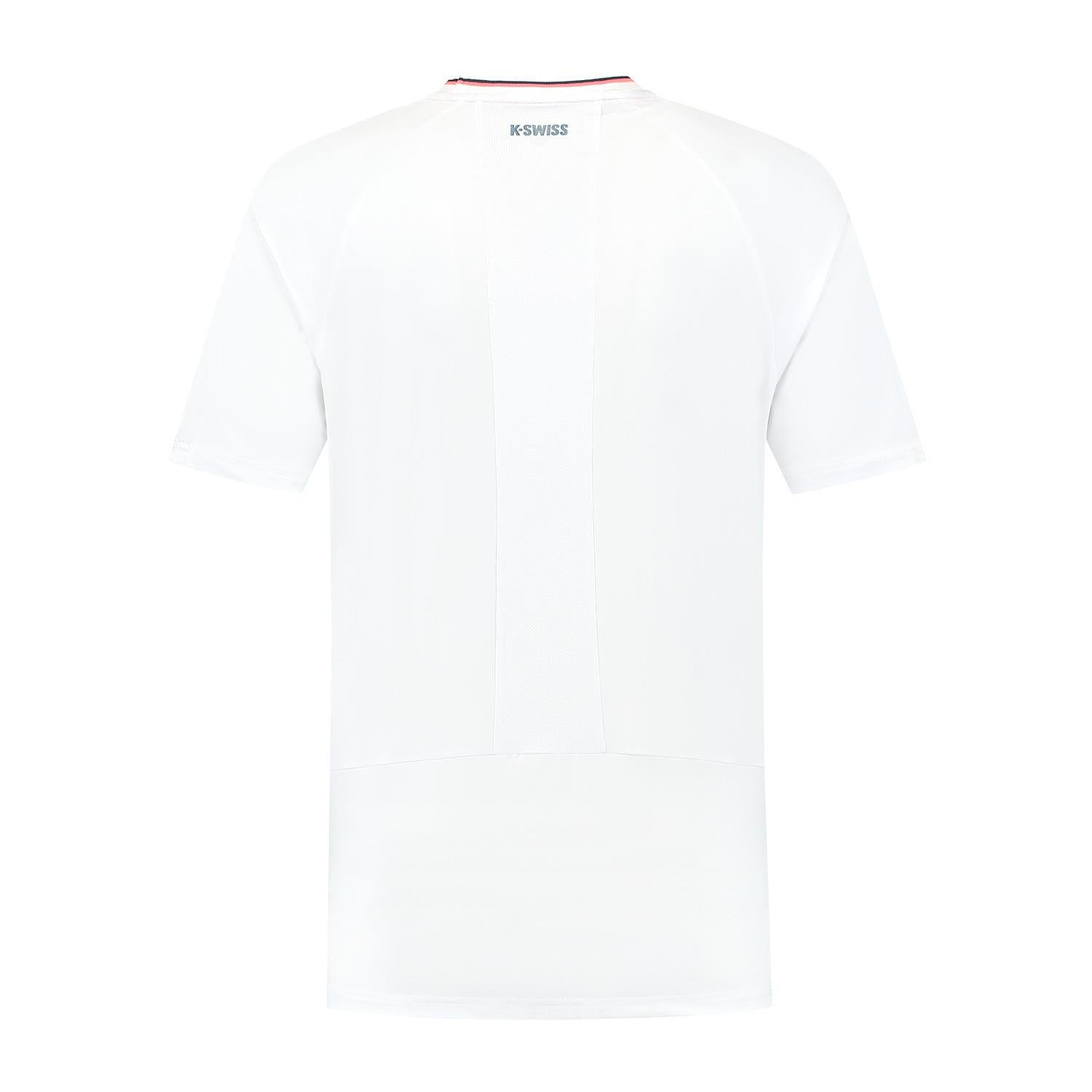 Back view of the K-Swiss Hypercourt Mesh Crew 4 Mens Badminton T-Shirt in white, featuring a small K-Swiss logo near the neckline; designed as performance sportswear inspired by the Hypercourt collection.