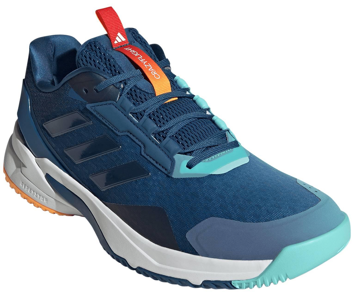 The ADIDAS Crazyflight 6 Mens Indoor Badminton Shoes by adidas feature a navy blue upper with turquoise accents, orange tongue and heel details, black side stripes, and a white sole with orange and blue sections—ideal for fast-paced indoor play.